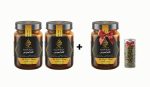 Two large jars labeled The Royal Blend Weight Loss next to a third jar with a red ribbon, plus a small jar of dried herbs on the right.